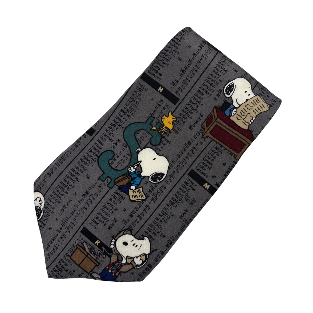 Peanuts Snoopy Necktie Mens Grey Stock Market Success Vintage Silk Tie